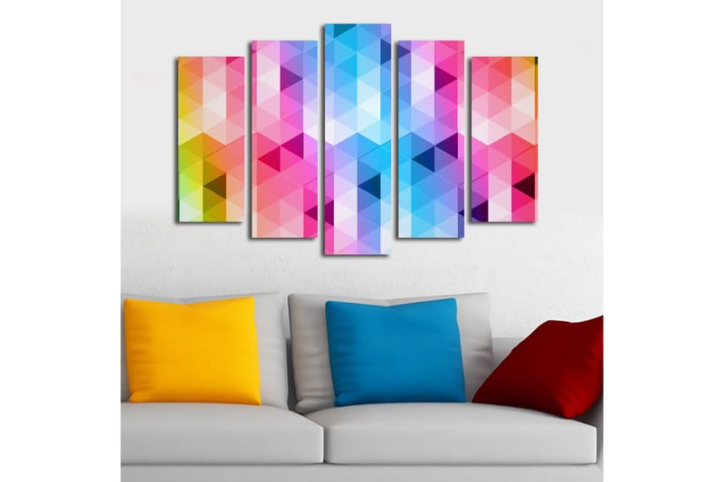 Stor Canvastavla i 5 delar 105x70 cm - Abstrakt komposition med triangulära mönster i starka färger - Rosa / Blå / Lila - Inredning & dekor - Tavlor & konst - Canvastavla