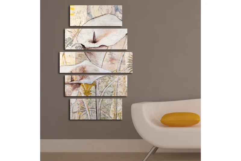 Stor Canvastavla i 5 delar 105x70 cm - Abstrakt komposition med vita blommor och organiska former - Vit / Beige / Grå - Inredning & dekor - Tavlor & konst - Canvastavla