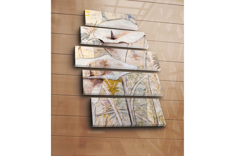 Stor Canvastavla i 5 delar 105x70 cm - Abstrakt komposition med vita blommor och organiska former - Vit / Beige / Grå - Inredning & dekor - Tavlor & konst - Canvastavla