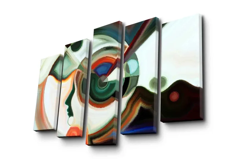 Stor Canvastavla i 5 delar 105x70 cm - Abstrakt porträtt med geometriska former och färgglada inslag - Grön / Röd / Vit - Inredning & dekor - Tavlor & konst - Canvastavla