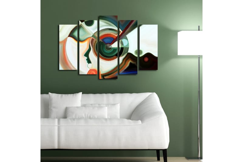 Stor Canvastavla i 5 delar 105x70 cm - Abstrakt porträtt med geometriska former och färgglada inslag - Grön / Röd / Vit - Inredning & dekor - Tavlor & konst - Canvastavla
