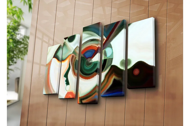 Stor Canvastavla i 5 delar 105x70 cm - Abstrakt porträtt med geometriska former och färgglada inslag - Grön / Röd / Vit - Inredning & dekor - Tavlor & konst - Canvastavla