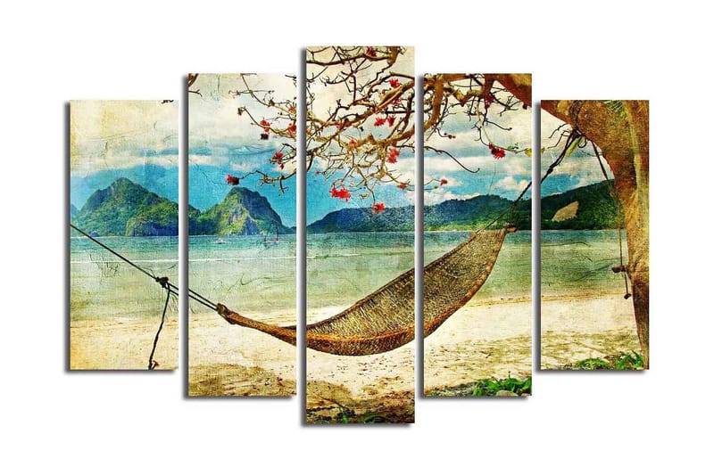 Stor Canvastavla i 5 delar 105x70 cm - Avkopplande hängmatta under ett träd vid en strand med berg i bakgrunden - Blå / Grön / Beige - Inredning & dekor - Tavlor & konst - Canvastavla