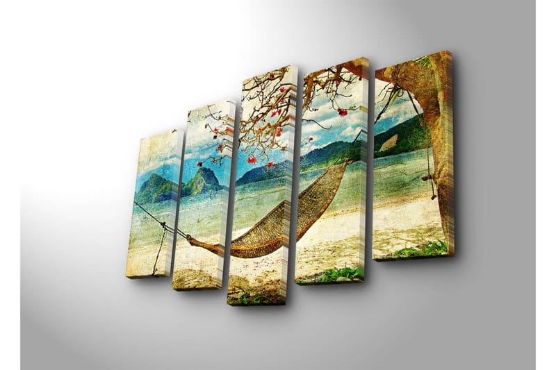 Stor Canvastavla i 5 delar 105x70 cm - Avkopplande hängmatta under ett träd vid en strand med berg i bakgrunden - Blå / Grön / Beige - Inredning & dekor - Tavlor & konst - Canvastavla