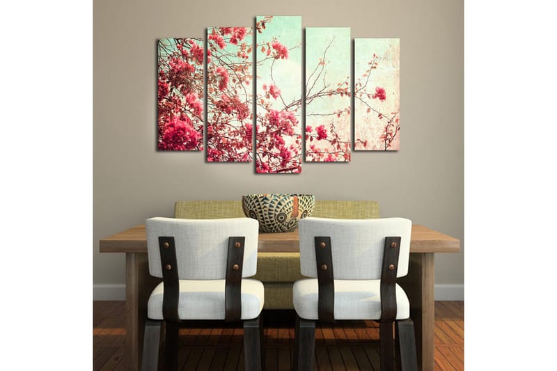 Stor Canvastavla i 5 delar 105x70 cm - Blommande grenar av bougainvillea i pastellfärger - Rosa / Mintgrön / Beige - Inredning & dekor - Tavlor & konst - Canvastavla