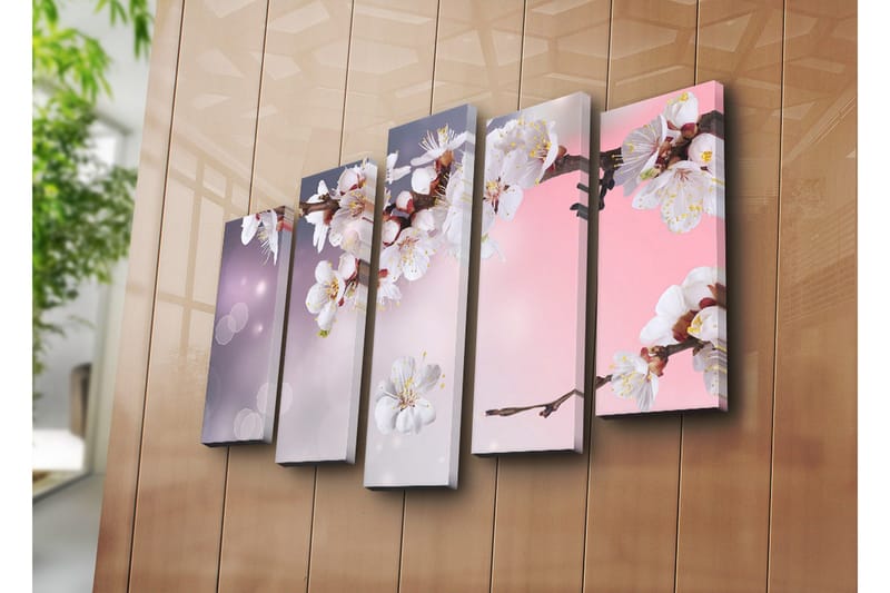 Stor Canvastavla i 5 delar 105x70 cm - Blommande körsbärsgren med vita blommor - Vit / Lila / Rosa - Inredning & dekor - Tavlor & konst - Canvastavla