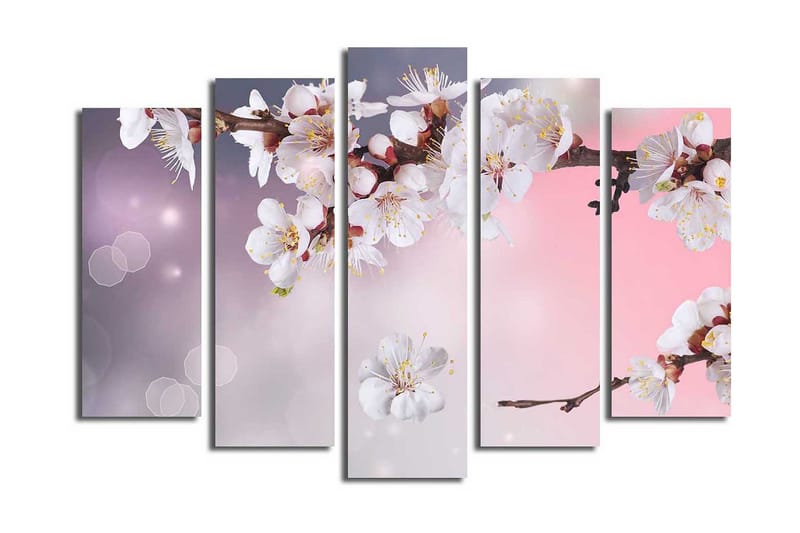 Stor Canvastavla i 5 delar 105x70 cm - Blommande körsbärsgren med vita blommor - Vit / Lila / Rosa - Inredning & dekor - Tavlor & konst - Canvastavla
