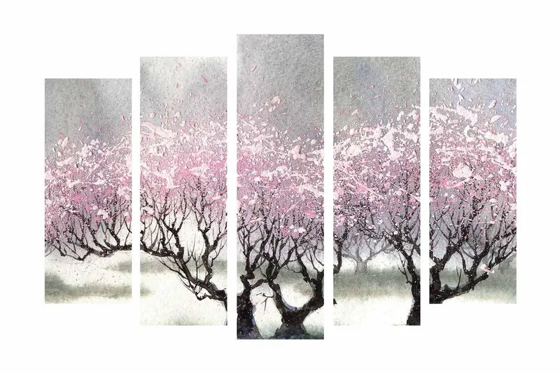 Stor Canvastavla i 5 delar 105x70 cm - Blommande körsbärsträd i en drömlik landskapsscen - Rosa / Grå / Svart - Inredning & dekor - Tavlor & konst - Canvastavla