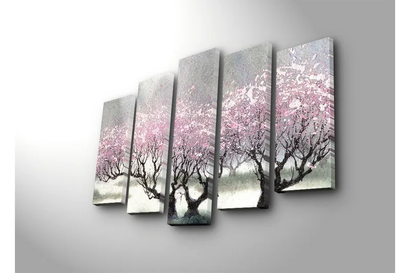 Stor Canvastavla i 5 delar 105x70 cm - Blommande körsbärsträd i en drömlik landskapsscen - Rosa / Grå / Svart - Inredning & dekor - Tavlor & konst - Canvastavla