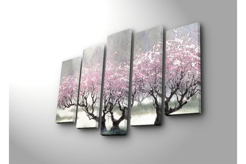 Stor Canvastavla i 5 delar 105x70 cm - Blommande körsbärsträd i en drömlik landskapsscen - Rosa / Grå / Svart - Inredning & dekor - Tavlor & konst - Canvastavla