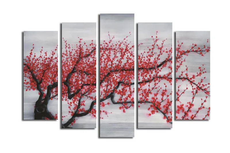 Stor Canvastavla i 5 delar 105x70 cm - Blommande körsbärsträd med röda blommor - Röd / Svart / Grå - Inredning & dekor - Tavlor & konst - Canvastavla