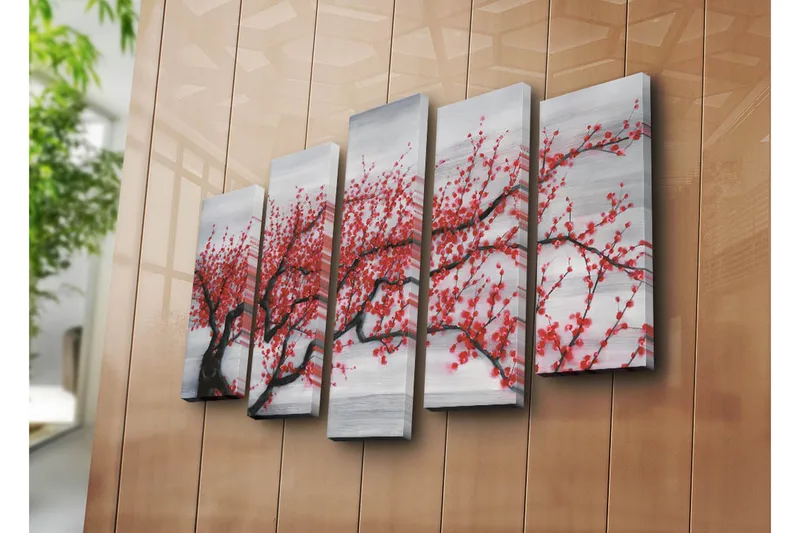 Stor Canvastavla i 5 delar 105x70 cm - Blommande körsbärsträd med röda blommor - Röd / Svart / Grå - Inredning & dekor - Tavlor & konst - Canvastavla
