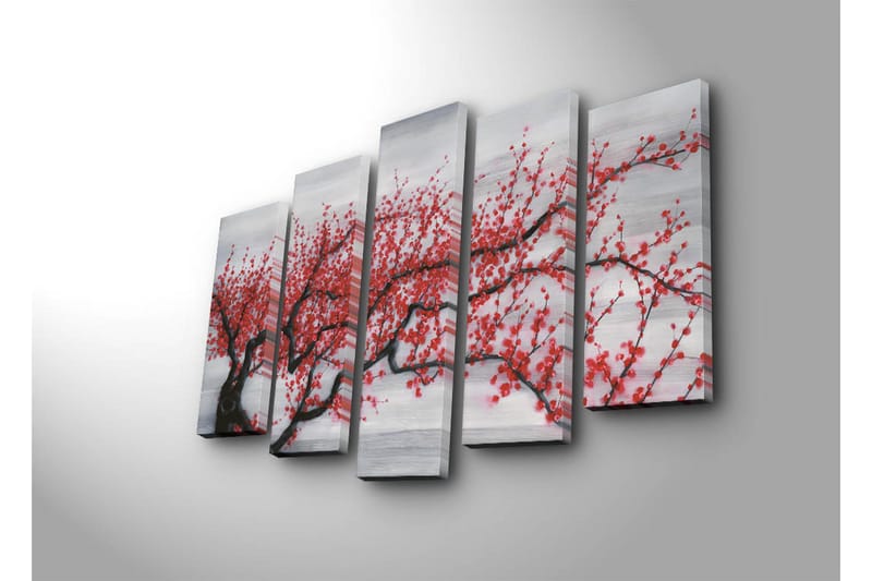 Stor Canvastavla i 5 delar 105x70 cm - Blommande körsbärsträd med röda blommor - Röd / Svart / Grå - Inredning & dekor - Tavlor & konst - Canvastavla