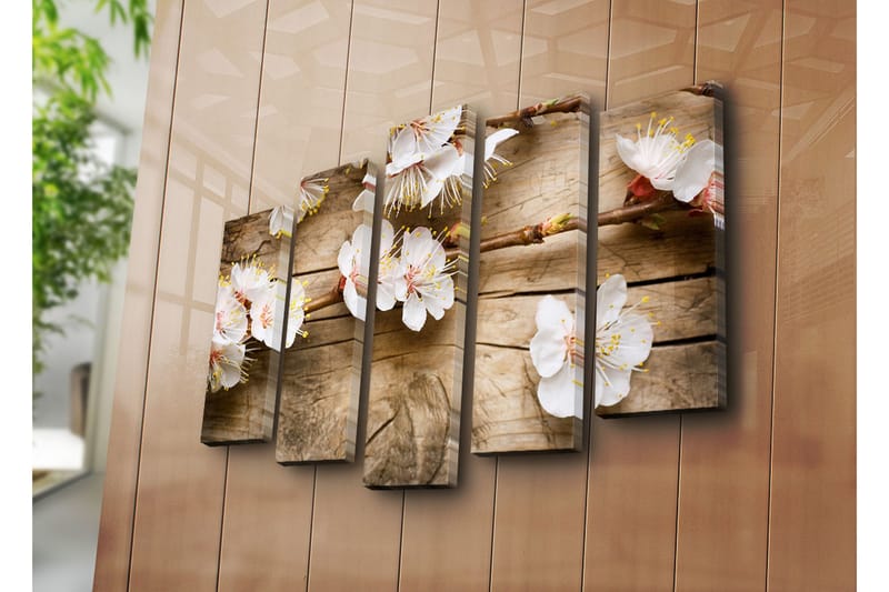 Stor Canvastavla i 5 delar 105x70 cm - Blommande kvistar med vita blommor - Vit / Gul / Brun - Inredning & dekor - Tavlor & konst - Canvastavla