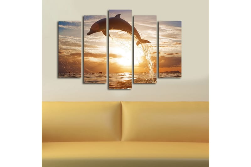 Stor Canvastavla i 5 delar 105x70 cm - Delfin som hoppar genom vattnet vid solnedgången - Guld / Orange / Blå - Inredning & dekor - Tavlor & konst - Canvastavla