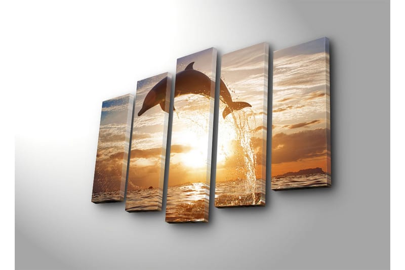 Stor Canvastavla i 5 delar 105x70 cm - Delfin som hoppar genom vattnet vid solnedgången - Guld / Orange / Blå - Inredning & dekor - Tavlor & konst - Canvastavla