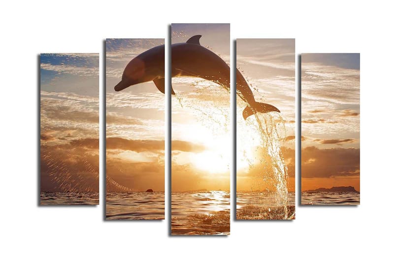 Stor Canvastavla i 5 delar 105x70 cm - Delfin som hoppar genom vattnet vid solnedgången - Guld / Orange / Blå - Inredning & dekor - Tavlor & konst - Canvastavla