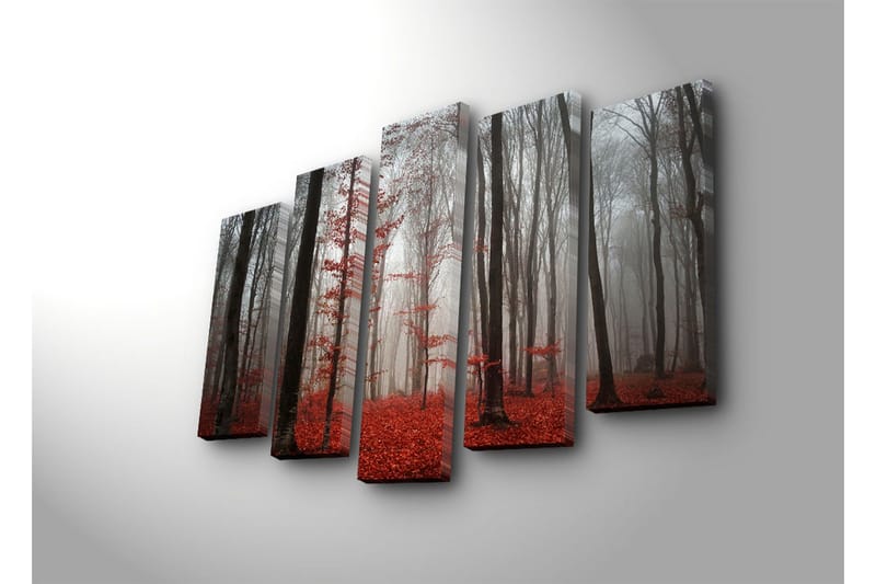 Stor Canvastavla i 5 delar 105x70 cm - Dimhöljd skog med röda lövträd - Röd / Grå / Svart - Inredning & dekor - Tavlor & konst - Canvastavla