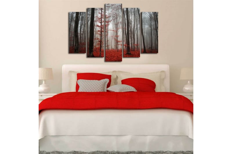Stor Canvastavla i 5 delar 105x70 cm - Dimhöljd skog med röda lövträd - Röd / Grå / Svart - Inredning & dekor - Tavlor & konst - Canvastavla