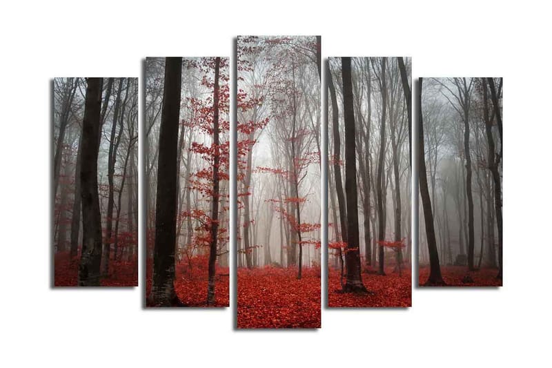 Stor Canvastavla i 5 delar 105x70 cm - Dimhöljd skog med röda lövträd - Röd / Grå / Svart - Inredning & dekor - Tavlor & konst - Canvastavla