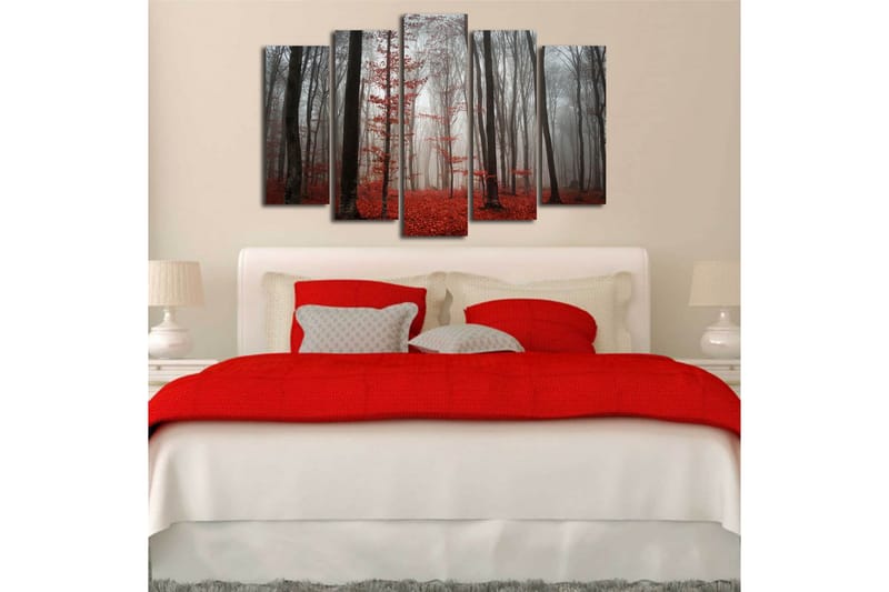 Stor Canvastavla i 5 delar 105x70 cm - Dimhöljd skog med röda lövträd - Röd / Grå / Svart - Inredning & dekor - Tavlor & konst - Canvastavla