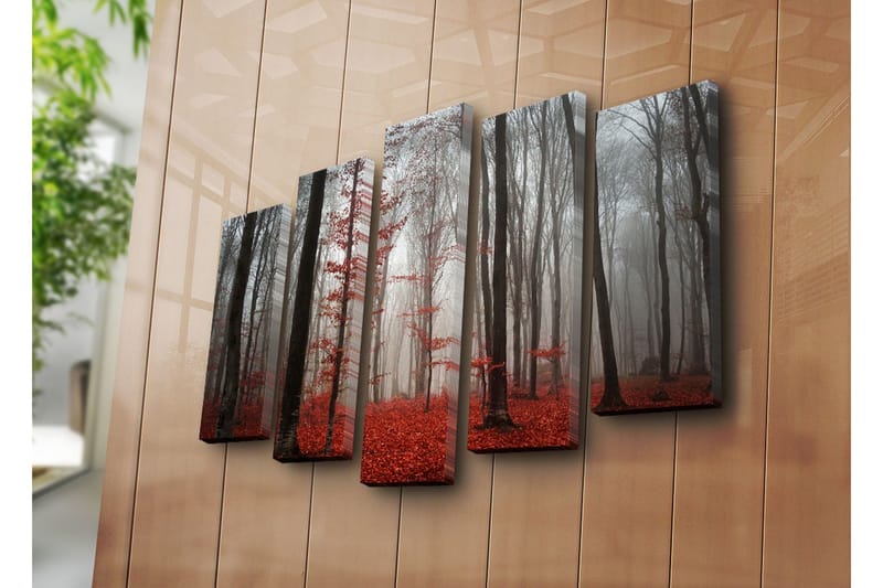 Stor Canvastavla i 5 delar 105x70 cm - Dimhöljd skog med röda lövträd - Röd / Grå / Svart - Inredning & dekor - Tavlor & konst - Canvastavla
