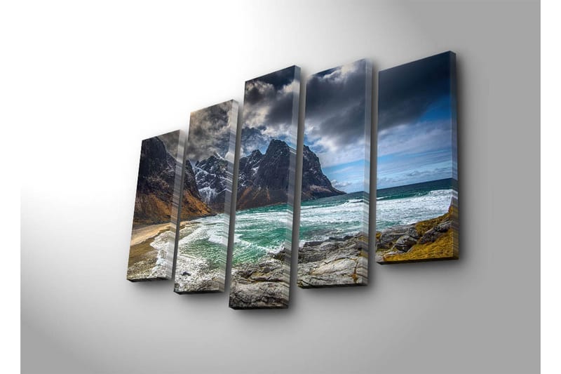 Stor Canvastavla i 5 delar 105x70 cm - Dramatiska fjäll med hav och strand - Mörkgrå / Turkos / Beige - Inredning & dekor - Tavlor & konst - Canvastavla