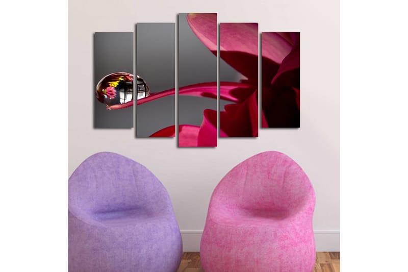 Stor Canvastavla i 5 delar 105x70 cm - Droppar på en blomma med reflektioner av omgivningen - Mörkröd / Rosa / Klar (transparent) - Inredning & dekor - Tavlor & konst - Canvastavla