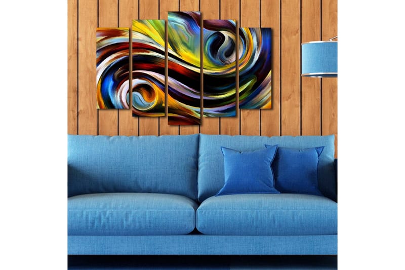 Stor Canvastavla i 5 delar 105x70 cm - Dynamisk abstrakt komposition med svängande linjer och färgade former - Gult / Blått / Rött - Inredning & dekor - Tavlor & konst - Canvastavla