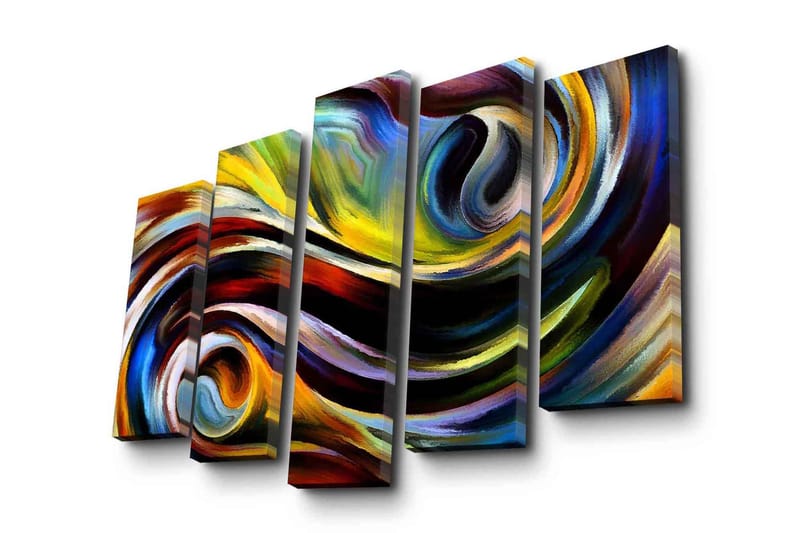 Stor Canvastavla i 5 delar 105x70 cm - Dynamisk abstrakt komposition med svängande linjer och färgade former - Gult / Blått / Rött - Inredning & dekor - Tavlor & konst - Canvastavla
