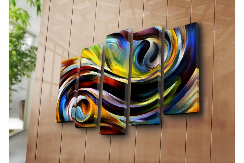 Stor Canvastavla i 5 delar 105x70 cm - Dynamisk abstrakt komposition med svängande linjer och färgade former - Gult / Blått / Rött - Inredning & dekor - Tavlor & konst - Canvastavla