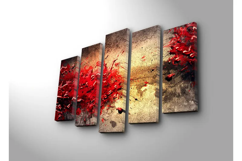 Stor Canvastavla i 5 delar 105x70 cm - Dynamisk explosion av röda färgfläckar - Röd / Beige / Svart - Inredning & dekor - Tavlor & konst - Canvastavla