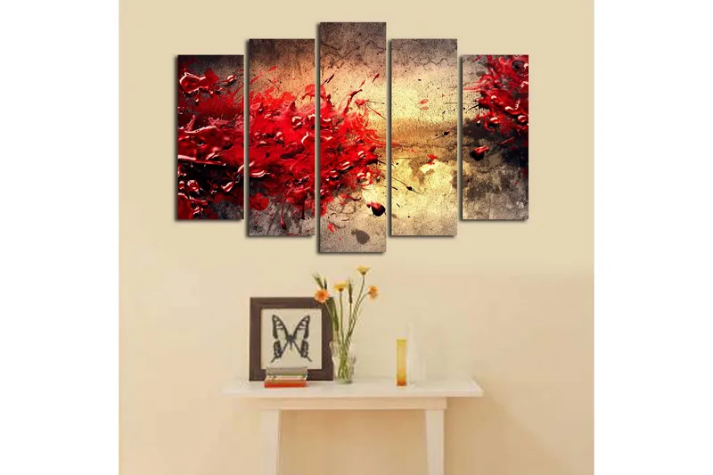 Stor Canvastavla i 5 delar 105x70 cm - Dynamisk explosion av röda färgfläckar - Röd / Beige / Svart - Inredning & dekor - Tavlor & konst - Canvastavla
