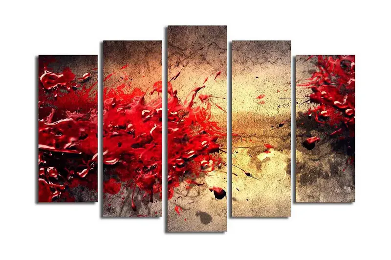 Stor Canvastavla i 5 delar 105x70 cm - Dynamisk explosion av röda färgfläckar - Röd / Beige / Svart - Inredning & dekor - Tavlor & konst - Canvastavla