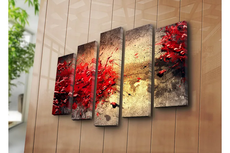 Stor Canvastavla i 5 delar 105x70 cm - Dynamisk explosion av röda färgfläckar - Röd / Beige / Svart - Inredning & dekor - Tavlor & konst - Canvastavla