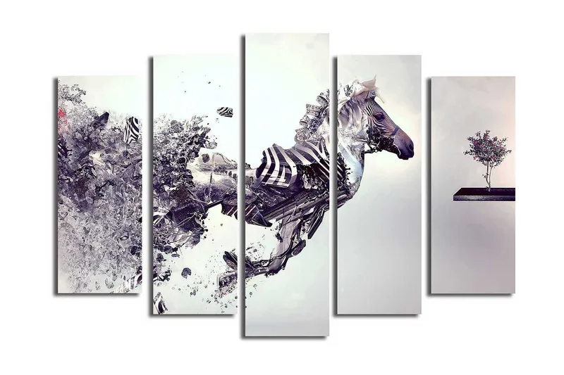 Stor Canvastavla i 5 delar 105x70 cm - Dynamisk häst i rörelse med fragmenterad struktur, Grå / Svart / Vit
