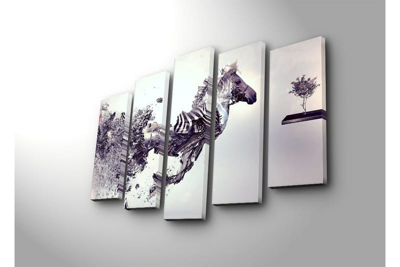 Stor Canvastavla i 5 delar 105x70 cm - Dynamisk häst i rörelse med fragmenterad struktur - Grå / Svart / Vit - Inredning & dekor - Tavlor & konst - Canvastavla