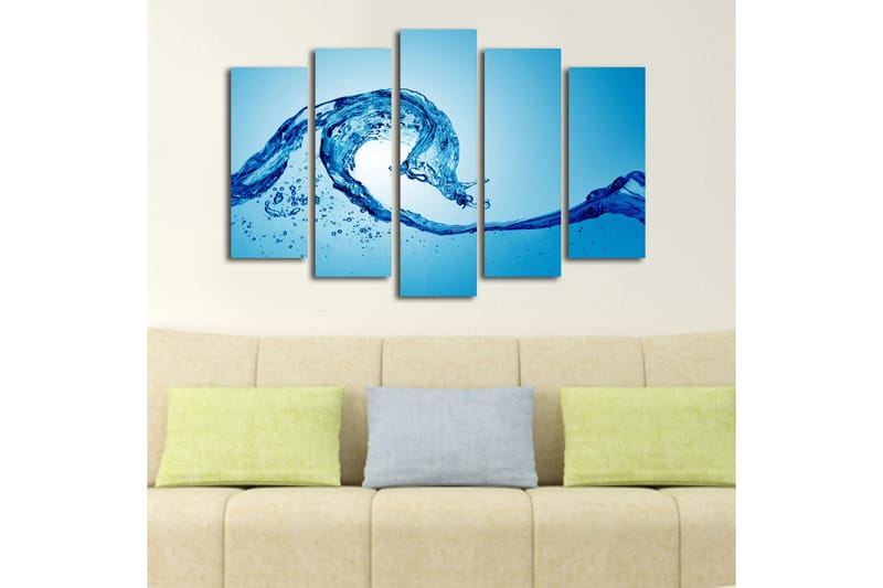 Stor Canvastavla i 5 delar 105x70 cm - Dynamisk vattenrörelse med sprutande droppar - Blå / Turkos - Inredning & dekor - Tavlor & konst - Canvastavla