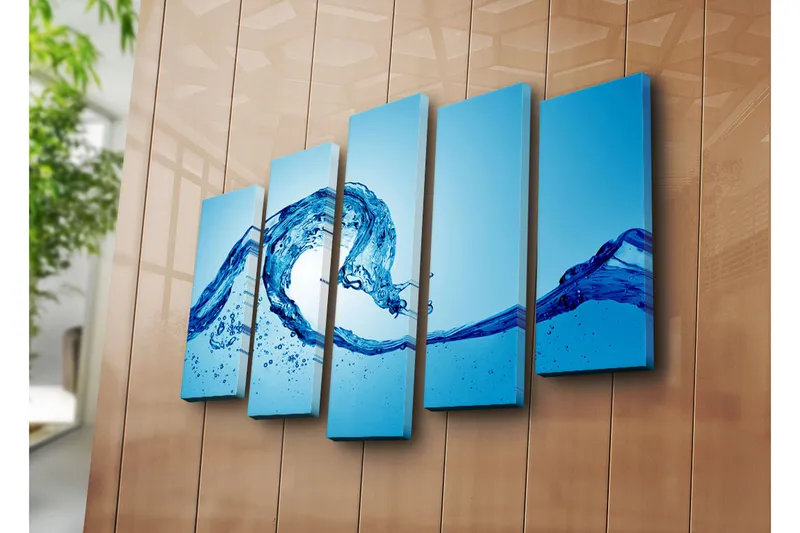 Stor Canvastavla i 5 delar 105x70 cm - Dynamisk vattenrörelse med sprutande droppar - Blå / Turkos - Inredning & dekor - Tavlor & konst - Canvastavla