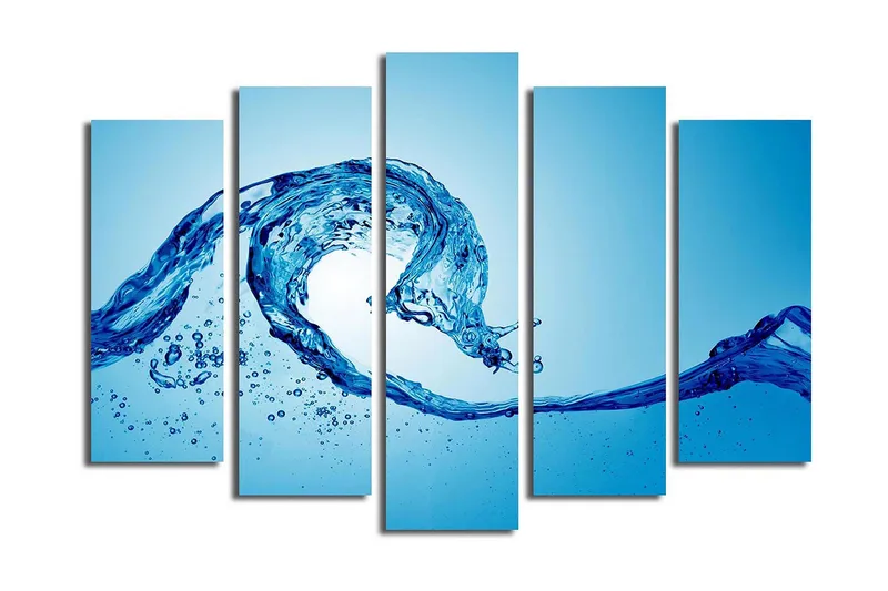Stor Canvastavla i 5 delar 105x70 cm - Dynamisk vattenrörelse med sprutande droppar - Blå / Turkos - Inredning & dekor - Tavlor & konst - Canvastavla