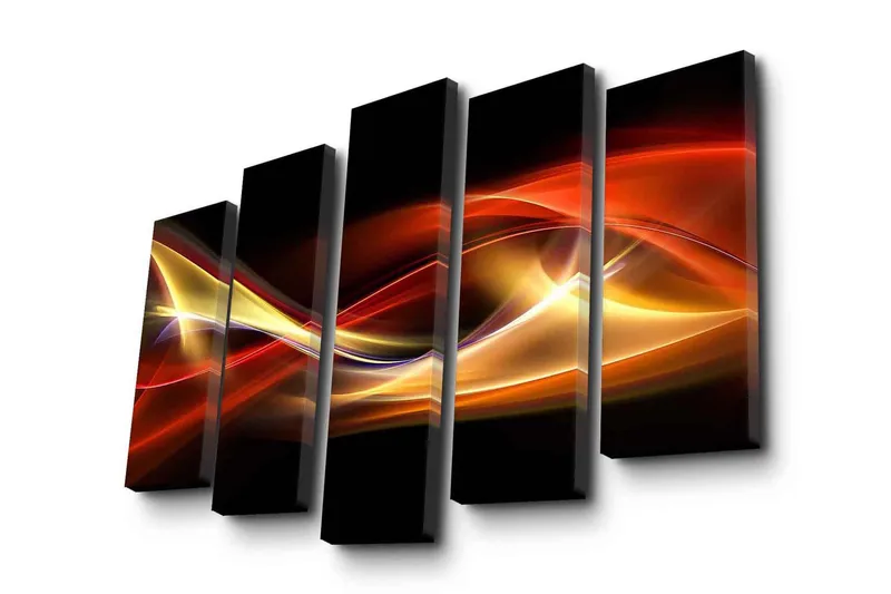 Stor Canvastavla i 5 delar 105x70 cm - Dynamiska ljusvågor i röda och gyllene nyanser - Röd / Guld / Svart - Inredning & dekor - Tavlor & konst - Canvastavla