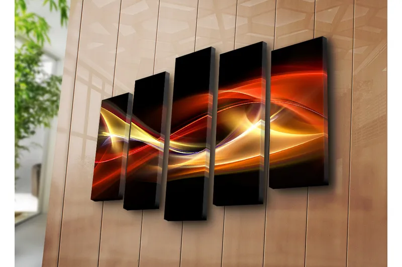 Stor Canvastavla i 5 delar 105x70 cm - Dynamiska ljusvågor i röda och gyllene nyanser - Röd / Guld / Svart - Inredning & dekor - Tavlor & konst - Canvastavla