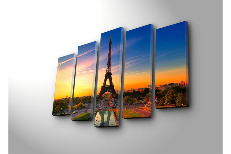 Stor Canvastavla i 5 delar 105x70 cm - Eiffeltornet mot en färgsprakande solnedgång - Orange / Blå / Grön - Inredning & dekor - Tavlor & konst - Canvastavla