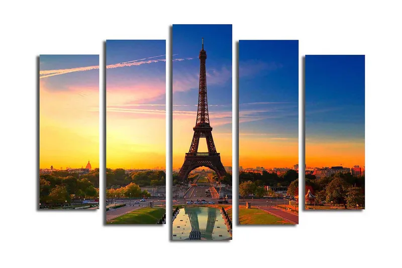 Stor Canvastavla i 5 delar 105x70 cm - Eiffeltornet mot en färgsprakande solnedgång - Orange / Blå / Grön - Inredning & dekor - Tavlor & konst - Canvastavla