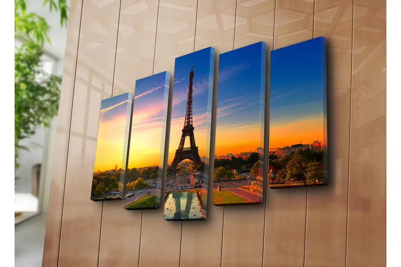 Stor Canvastavla i 5 delar 105x70 cm - Eiffeltornet mot en färgsprakande solnedgång - Orange / Blå / Grön - Inredning & dekor - Tavlor & konst - Canvastavla