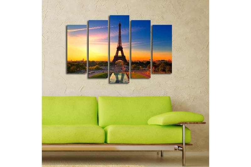 Stor Canvastavla i 5 delar 105x70 cm - Eiffeltornet mot en färgsprakande solnedgång - Orange / Blå / Grön - Inredning & dekor - Tavlor & konst - Canvastavla