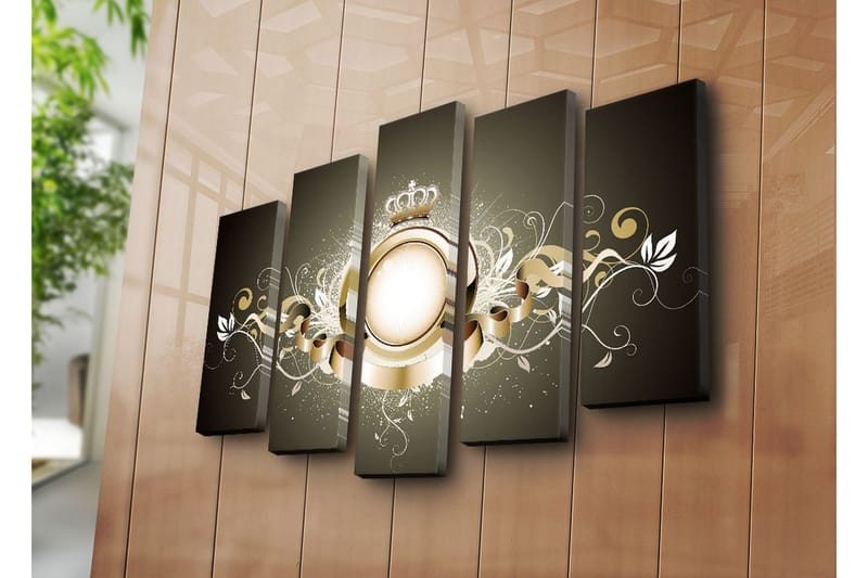 Stor Canvastavla i 5 delar 105x70 cm - Elegant komposition med en krona och dekorativa element - Guld / Vit / Mörkgrå - Inredning & dekor - Tavlor & konst - Canvastavla
