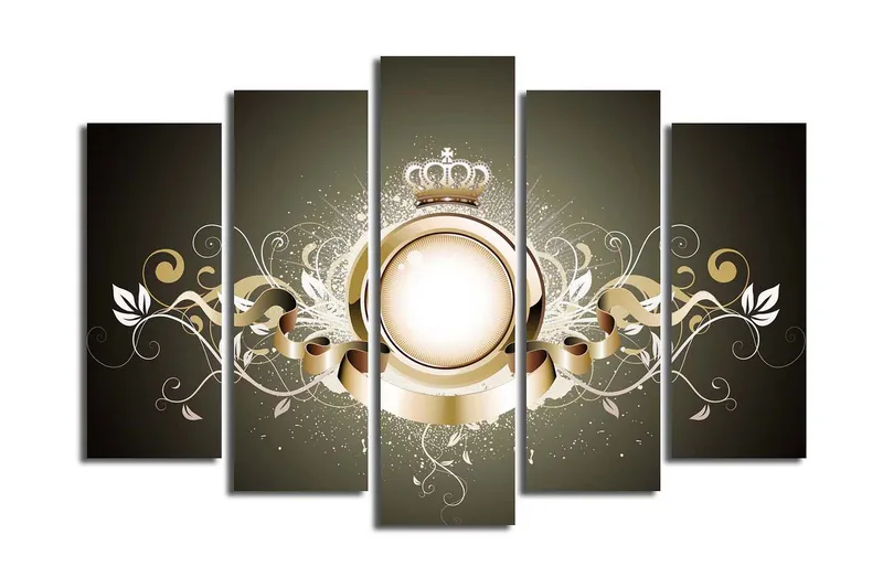 Stor Canvastavla i 5 delar 105x70 cm - Elegant komposition med en krona och dekorativa element - Guld / Vit / Mörkgrå - Inredning & dekor - Tavlor & konst - Canvastavla