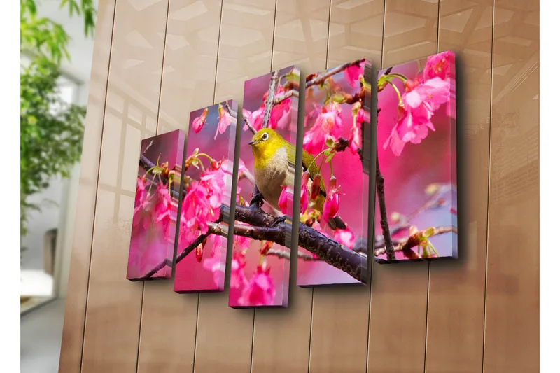 Stor Canvastavla i 5 delar 105x70 cm - Fågel på en gren omgiven av rosa blommor - Rosa / Grön / Brun - Inredning & dekor - Tavlor & konst - Canvastavla