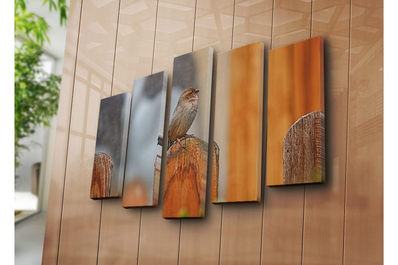 Stor Canvastavla i 5 delar 105x70 cm - Fågel på en träpost - Grå / Brun / Orange - Inredning & dekor - Tavlor & konst - Canvastavla